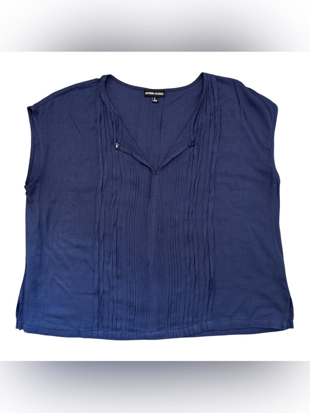 Modern Works Women’s Blue Pleated Pintuck Sleeveless Blouse Top Size Large